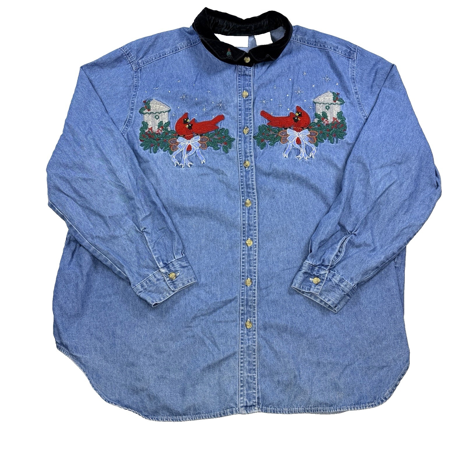 Vtg Womens Bobbie Brooks Denim Shirt Button Up Long Sleeve Christmas Cardinal 22